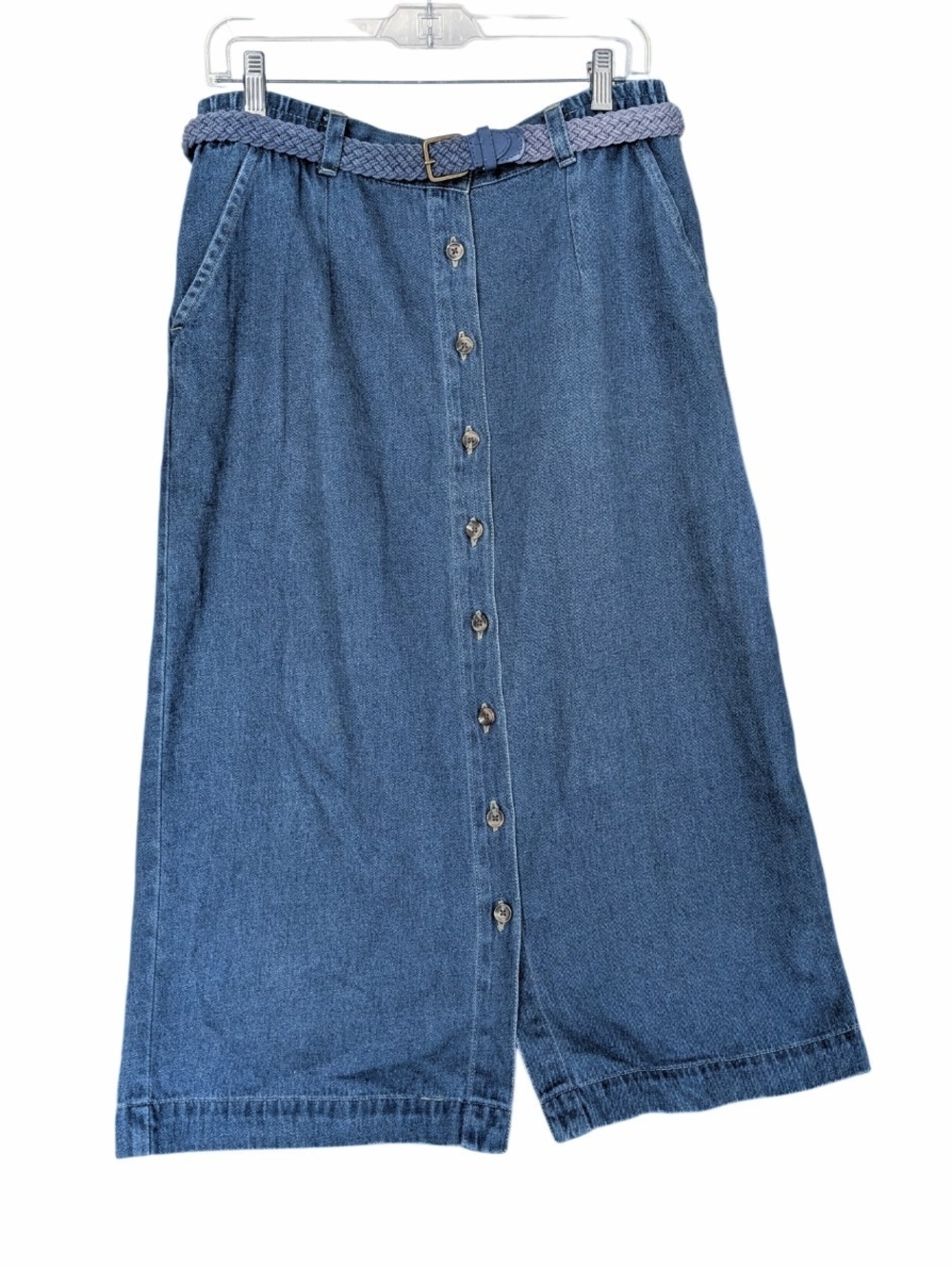 Cabin Creek Vintage Button Front Denim Midi Skirt with Belt, Size 12P